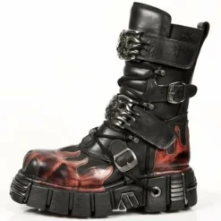Bottes Cuir Noir Et Rouge New Rock M.149-C1
